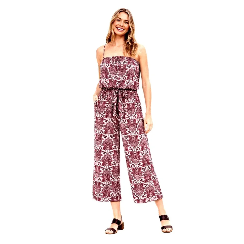 Maurices‎ Pink Paisley Print Sleeveless Tie Waist Cropped Wide Leg Jumpsuit Sz S